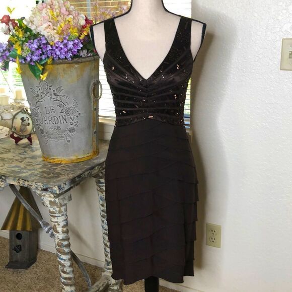 Vtg Sherrie Bloom/Peter Noviello Chetta B Dark Brown Beaded Silk Dress Sz 4 Y2K - Picture 1 of 15